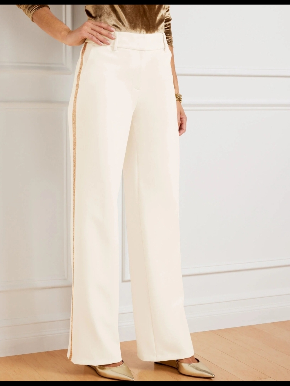 Talbots Ivory Wide-Leg Pants with Gold Side Trim